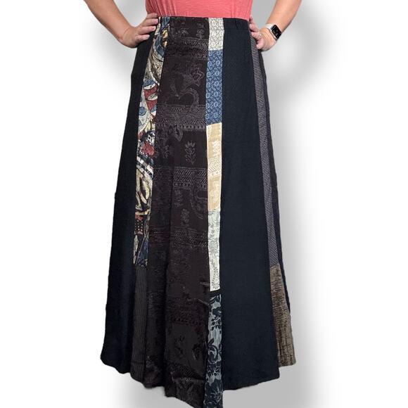 Vintage 90s Patchwork Maxi Skirt by Donna Jessica Boho Ethnic Mixed Print Fabric - Picture 1 of 11